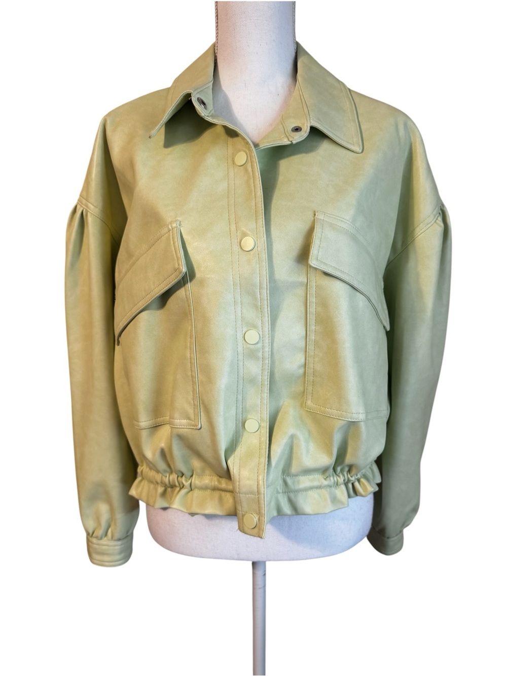 7 For All Mankind Light Green Vegan Faux Leather Cropped Bomber Jacket Size M